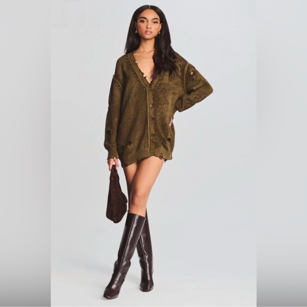 SEROYA Olive Green Distressed Sweater